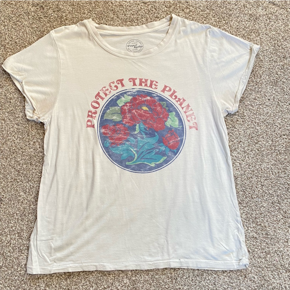 Project Karma Protect the Planet Tee, XL, Roses Graphic, Vintage Style, Cotton
